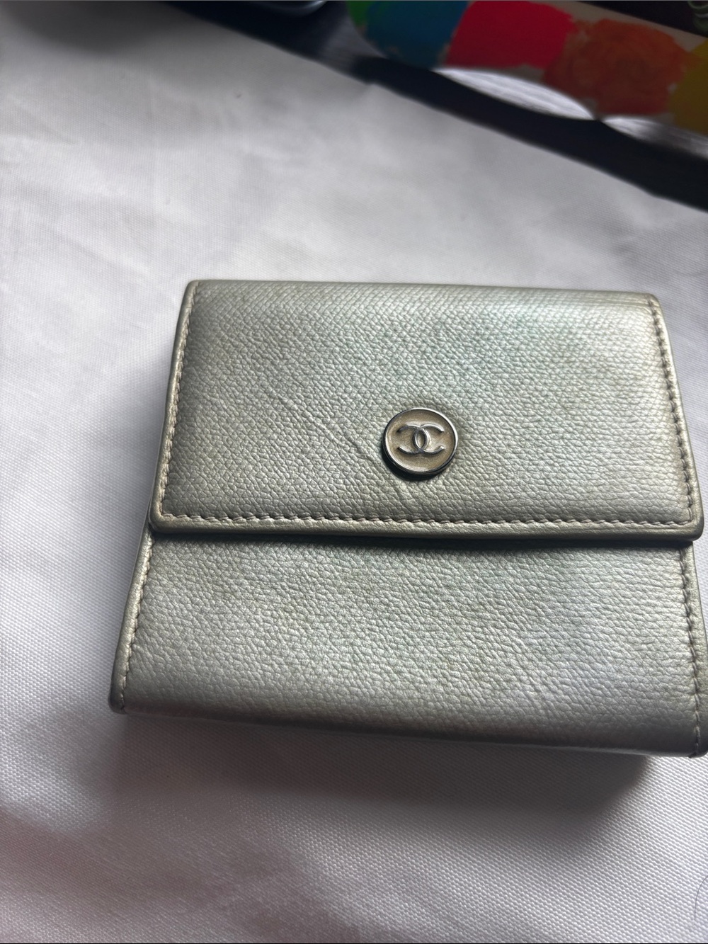 CHANEL Metallic Silvergreen Compact Leather Wallet